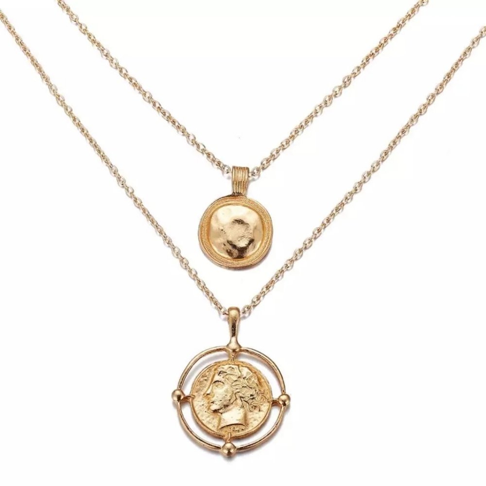 Coin Pendant Vintage Double Chain Layered Necklace - Picture 3 of 5